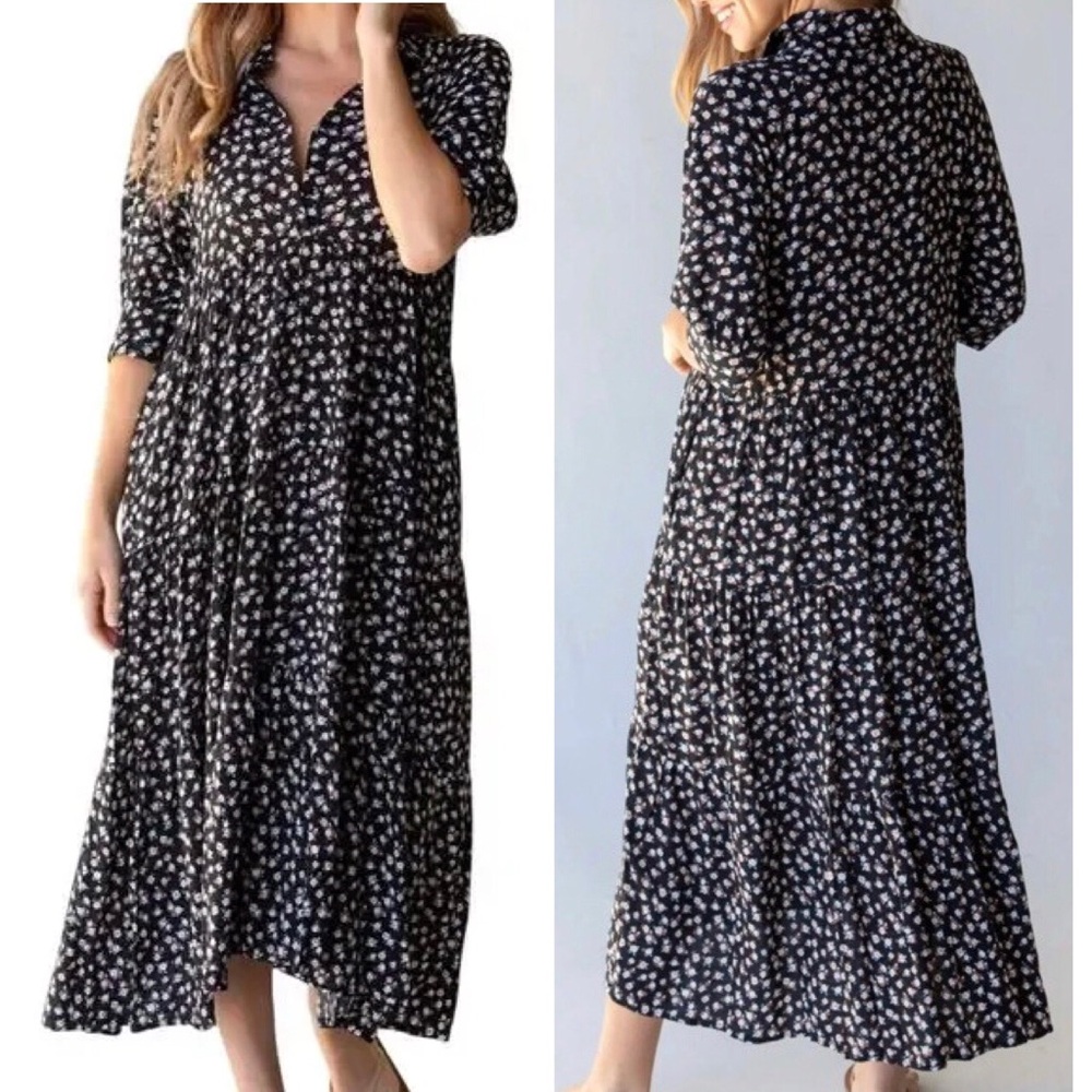 NATURAL LIFE Ditsy Floral Relaxed Tiered Rayon Black Cream Maxi Dress size XL